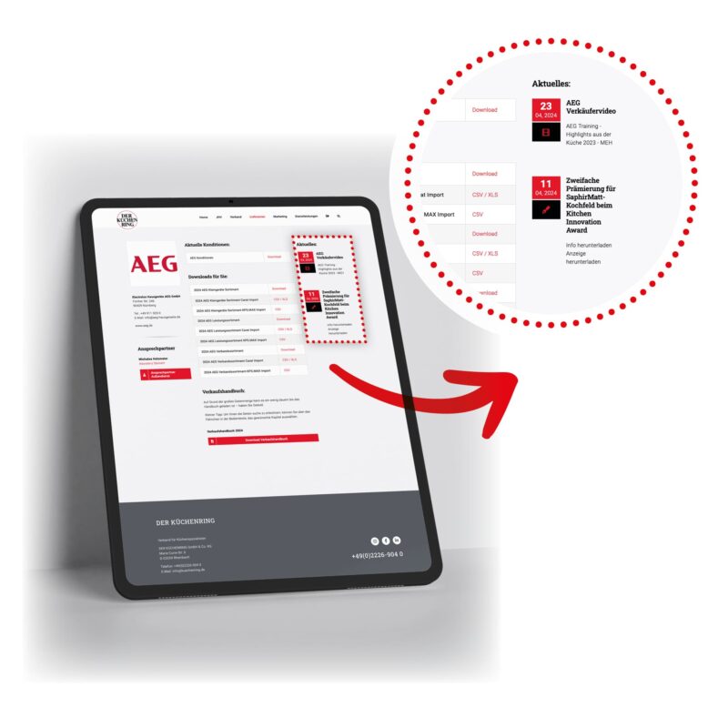 Zu sehen ist ein iPad, auf dem man den Reiter "Aktuelles" auf mein.kuechenring.com sieht.