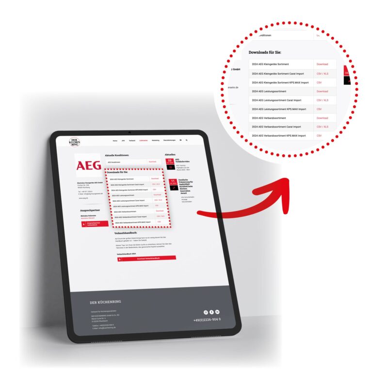 Man sieht ein iPad auf dem man den "Downloads" Reiter von mein.kuechenring.com sieht.