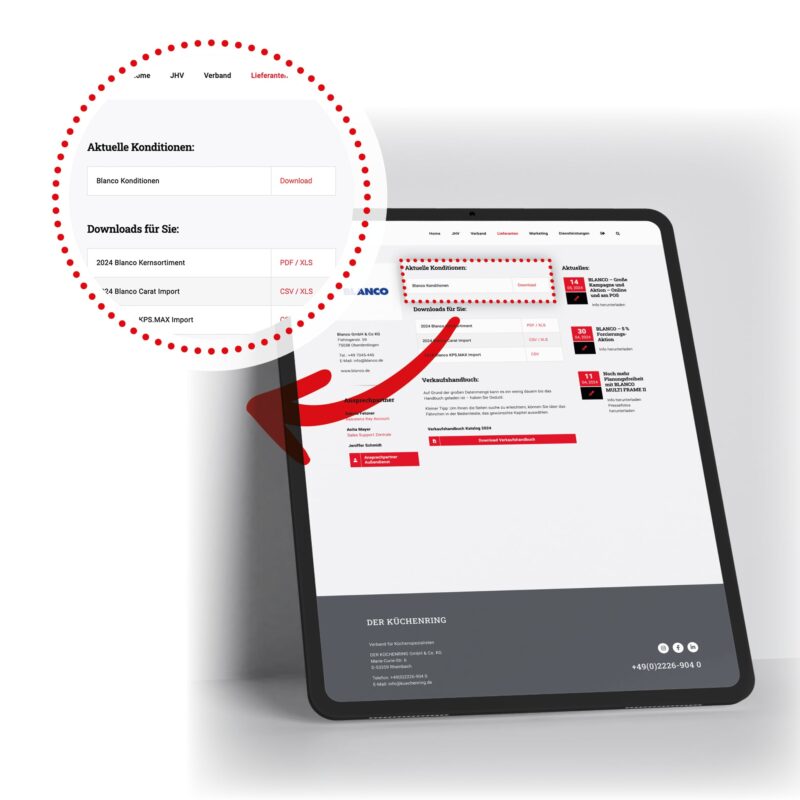 Zu sehen ist ein iPad, welches den Konditionen Reiter von mein.kuechenring.com zeigt.