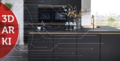 Bild zeigt eine schwarze Küche. Darüber liegt eine abstrakte Darstellung zur Digitalisierung im Küchenhandel und der Schriftzug "3D, AR, KI".