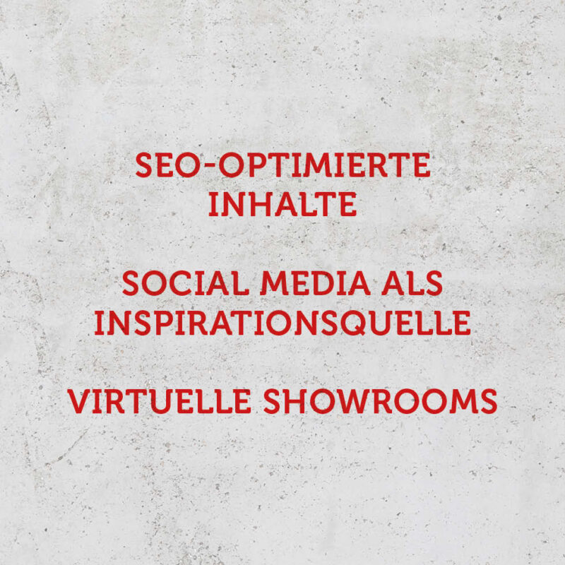 Grauer Steinhintergrund mit rotem Schriftzug "SEO-optimierte Inhalte, Social Media als ­Inspirationsquelle, Virtuelle Showrooms" – Blogbeitrag Wie Küchenstudios Kundenerlebnisse online optimieren