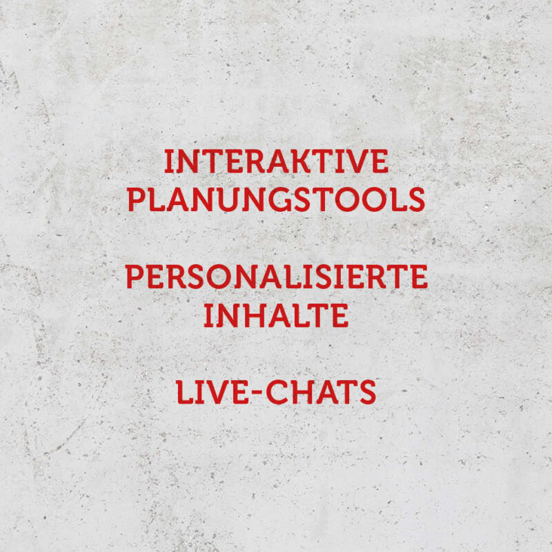 Grauer Steinhintergrund mit rotem Schriftzug "Interaktive ­Planungstools, Personalisierte Inhalte, Live-Chats" – Blogbeitrag Wie Küchenstudios Kundenerlebnisse online optimieren