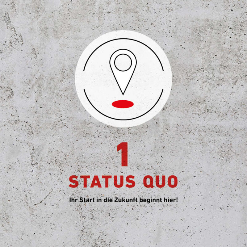 Betonhintergrund mit Grafik und Text: 1 Status Quo – Ihr Start in die Zukunft beginnt hier!