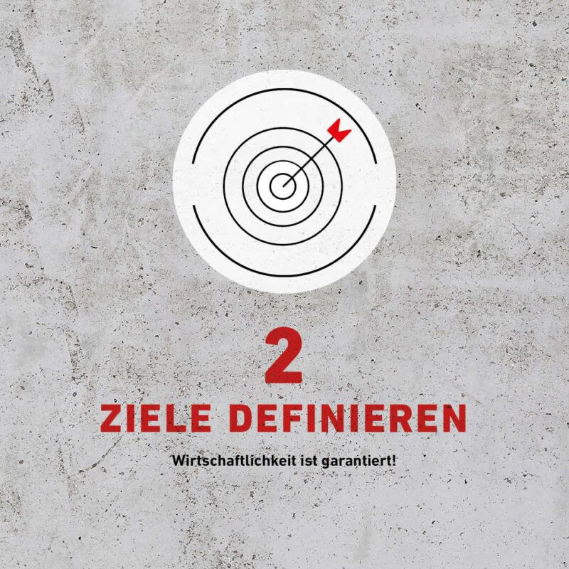 Betonhintergrund mit Grafik und Text: 2 ZIELE DEFINIEREN Wirtschaftlichkeit ist garantiert!