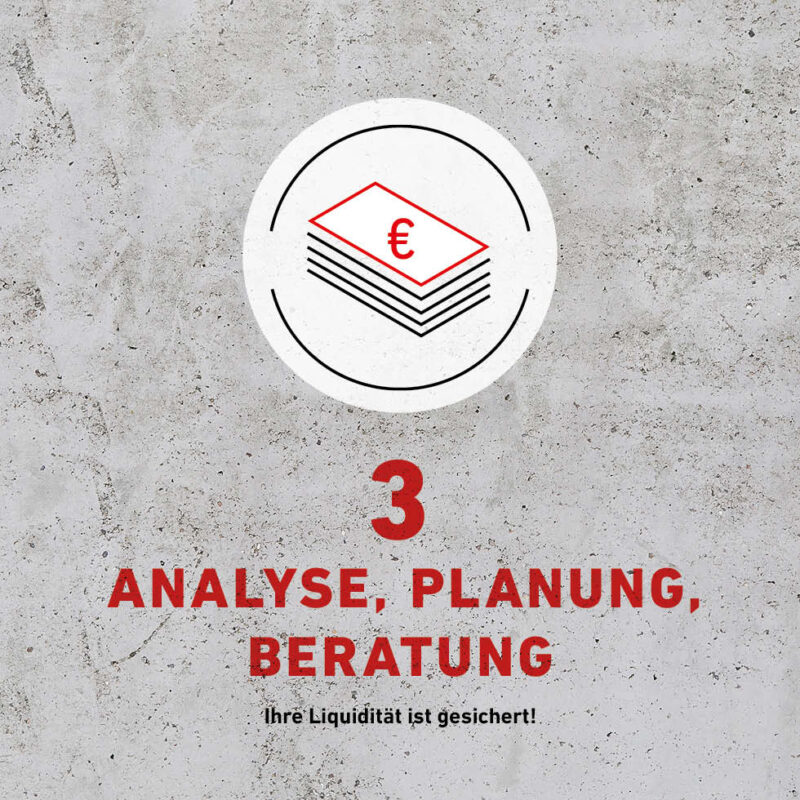 Betonhintergrund mit Grafik und Text: 3 ANALYSE, PLANUNG, BERATUNG Ihre Liquidität ist gesichert!