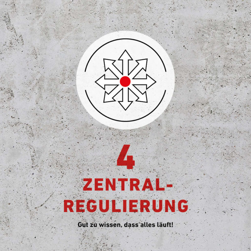 Betonhintergrund mit Grafik und Text: 4 ZENTRAL­REGULIERUNG Gut zu wissen, dass alles läuft!