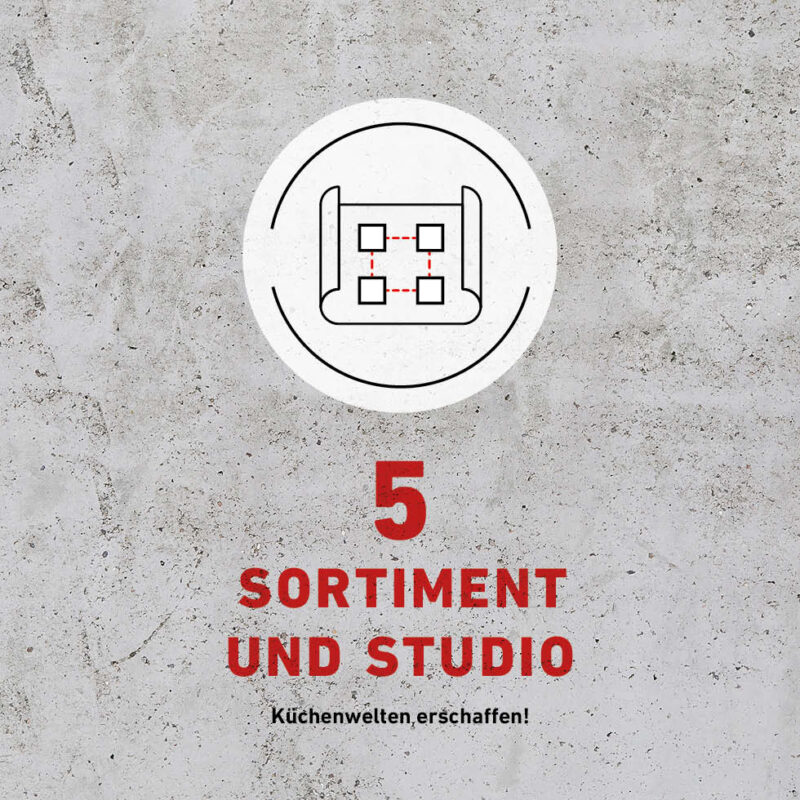 Betonhintergrund mit Grafik und Text: 5 SORTIMENT UND STUDIO Küchenwelten erschaffen!