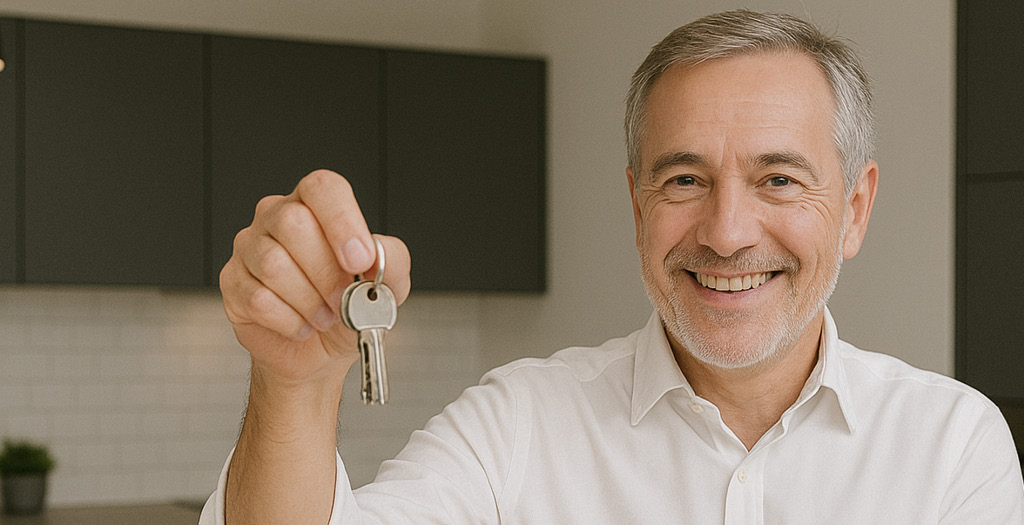 Lächelnder Mann hält Schlüssel in der Hand – Symbol für Erfolg, Vertrauen und digitale Sichtbarkeit im modernen Geschäftsleben.