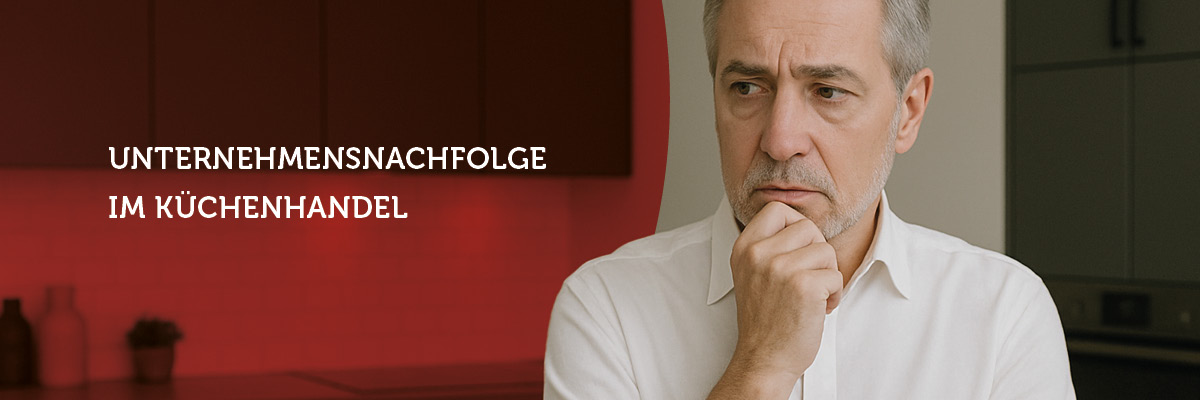 Nachdenklicher Unternehmer in moderner Küche – Thema Unternehmensnachfolge im Küchenhandel