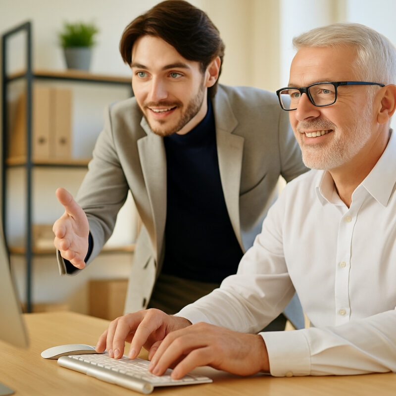 Zwei Geschäftsmänner arbeiten gemeinsam am Computer – Konzept für digitale Sichtbarkeit, Online-Marketing und erfolgreiche Webstrategie.