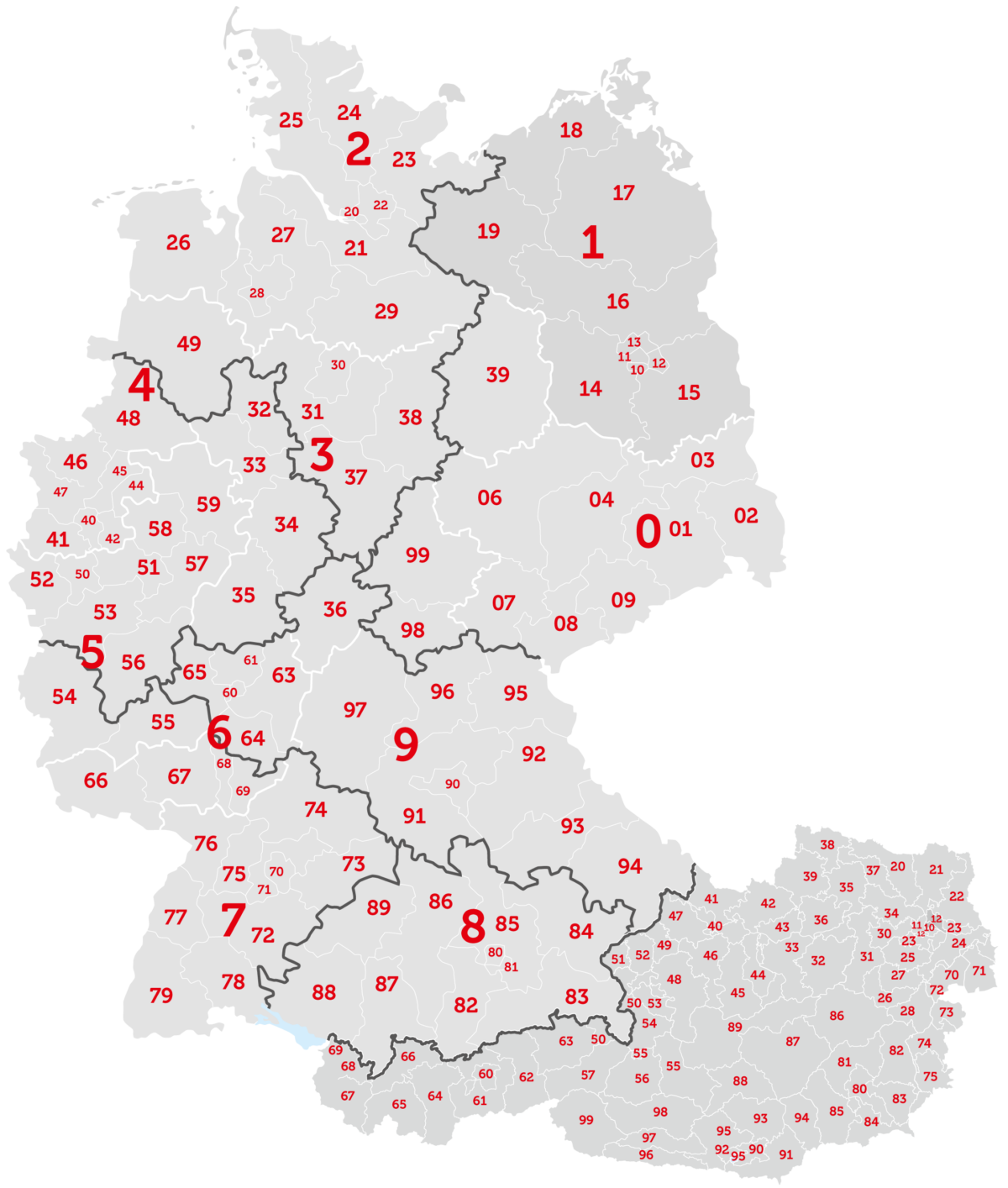Deutschland und Österreichkarte mit der Gebietseinteilung der Außendieinstmitarbeiter.