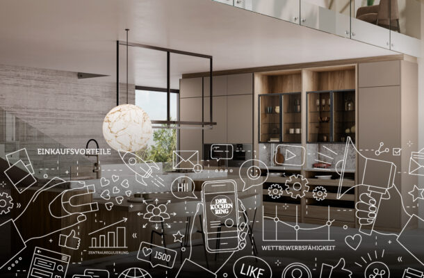 Moderne Küche mit grafischen Symbolen zu Einkaufsvorteilen, Marketing und Digitalisierung – Konzeptdarstellung für Vorteile im Kücheneinkauf.