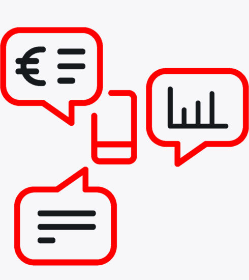 Symbolgrafik mit Sprechblasen, Eurozeichen und Balkendiagramm – Darstellung von Finanzkommunikation und wirtschaftlichem Austausch.