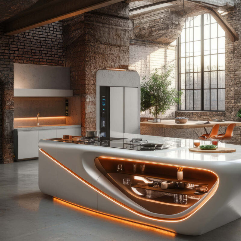 Futuristische Küche mit beleuchteter Insel und Backsteinwänden – innovatives Küchendesign „Made in Germany“.