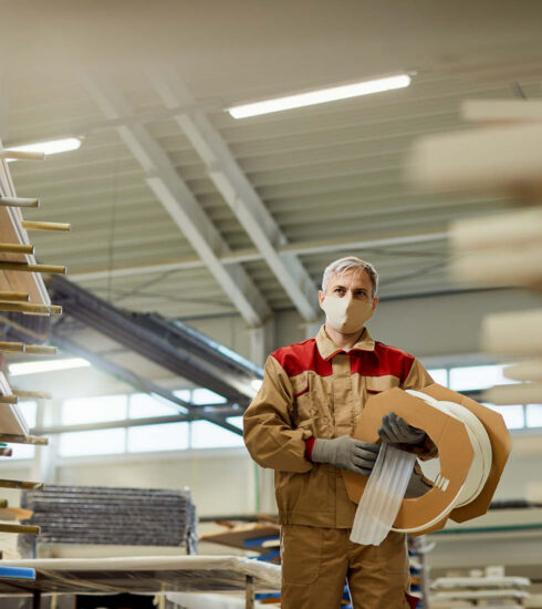 Handwerker mit Schutzmaske und Arbeitskleidung in moderner Werkhalle – Symbol für deutsche Küchenproduktion und Qualität.