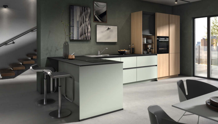 Küche im modernen Industrial-Stil mit Holz- und Schwarzakzenten – stilvolles Design kombiniert mit deutscher Qualität.