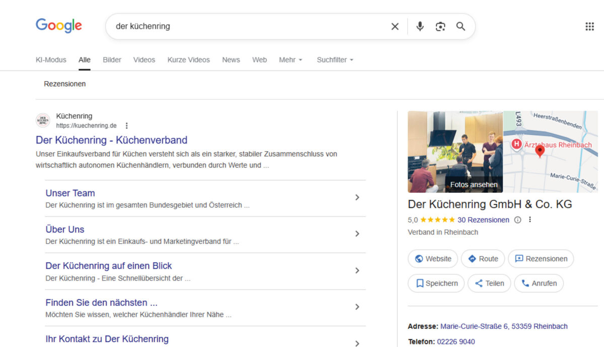 Screenshot einer Google-Suchergebnisseite zur Anfrage „der küchenring“ mit Website-Ergebnissen und eingeblendetem Unternehmensprofil von Der Küchenring GmbH & Co. KG inklusive Bewertungen und Standort.