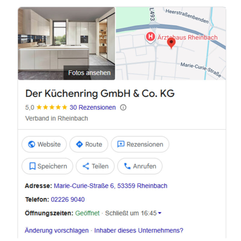 Google-Unternehmensprofils von „Der Küchenring GmbH & Co. KG“ mit Bewertung, Adresse, Kontaktmöglichkeiten und Kartenansicht des Standorts in Rheinbach.