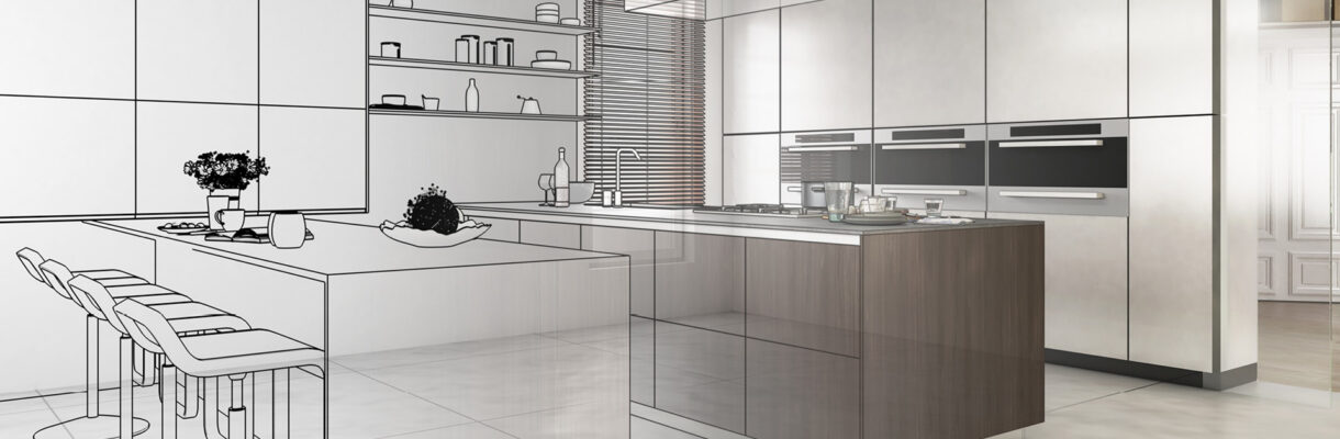 Moderne Küchenplanung als Kombination aus 3D-Visualisierung und realistischer Darstellung einer eleganten Wohnküche mit Kochinsel und Sitzbereich.
