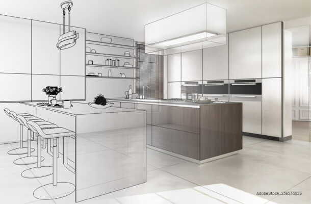 Moderne Küchenplanung als Kombination aus 3D-Visualisierung und realistischer Darstellung einer eleganten Wohnküche mit Kochinsel und Sitzbereich.