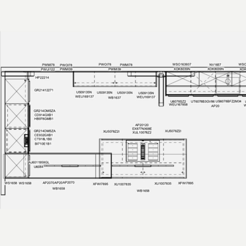 Technische Küchenplanung mit Grundriss und Maßangaben für eine moderne Küche mit Kochinsel und Hochschranklösung.
