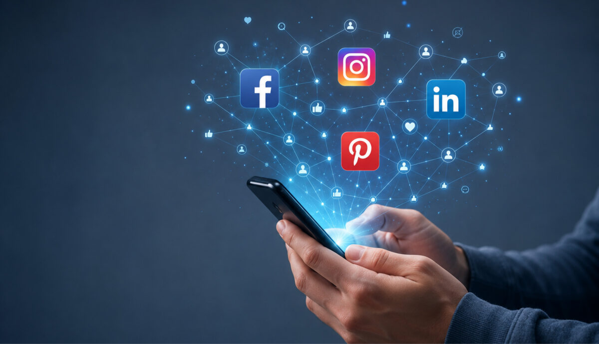Person hält ein Smartphone in den Händen, aus dem ein digitales Netzwerk mit Social-Media-Plattformen und Nutzerverbindungen entsteht. Die Logos von Facebook, Instagram, LinkedIn und Pinterest sind in ein Netzwerk aus Verbindungen, Interaktionen und Nutzerprofilen eingebunden. Das Bild symbolisiert digitale Vernetzung, Social-Media-Marketing und die kanalübergreifende Kommunikation mit Kunden.