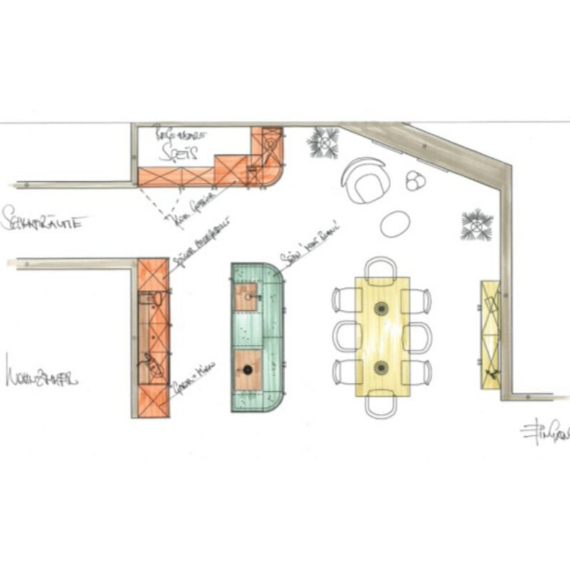 Handgezeichneter Küchen- und Essbereichsgrundriss mit Kochinsel, Hochschrankzeile, Spülbereich, großem Esstisch für acht Personen sowie angrenzender Lounge-Ecke. Die Planung zeigt die Anordnung der Möbel und Funktionsbereiche in einem offenen Wohnraum.