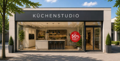 Modernes Küchenstudio mit großzügiger Schaufensterfront. Im Innenraum ist eine moderne Ausstellungsküche mit Kochinsel, Sitzplätzen und hochwertigen Einbaugeräten zu sehen. Auf der rechten Seite weist ein rotes Schild auf einen Rabatt von 50 % auf ausgewählte Küchen hin.