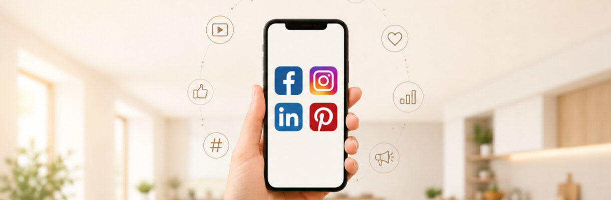 Hand hält ein Smartphone vor einer modernen, hellen Küchenumgebung. Auf dem Display sind die Logos von Facebook, Instagram, LinkedIn und Pinterest zu sehen. Um das Smartphone herum symbolisieren verschiedene Icons digitale Marketingaktivitäten wie Kommunikation, Reichweite, Interaktion, Analyse und Content-Erstellung in sozialen Netzwerken.