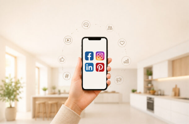 Hand hält ein Smartphone vor einer modernen, hellen Küchenumgebung. Auf dem Display sind die Logos von Facebook, Instagram, LinkedIn und Pinterest zu sehen. Um das Smartphone herum symbolisieren verschiedene Icons digitale Marketingaktivitäten wie Kommunikation, Reichweite, Interaktion, Analyse und Content-Erstellung in sozialen Netzwerken.
