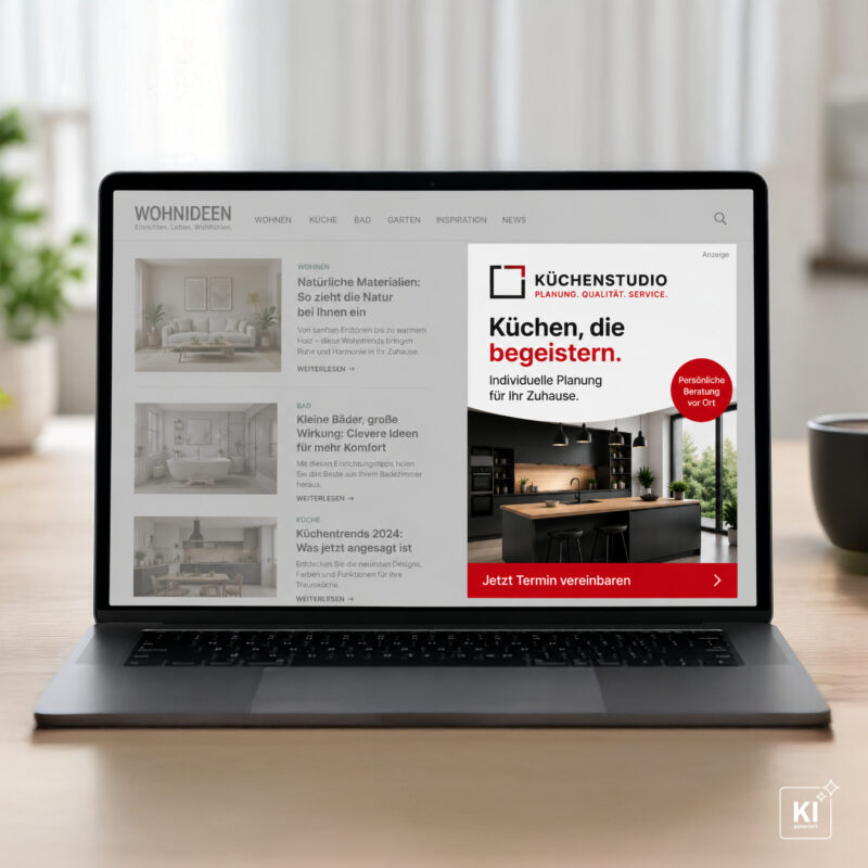 Laptop mit einer Website, auf der eine Google Display-Anzeige für ein Küchenstudio mit Küchenbild, Werbetext und Schaltfläche zur Terminvereinbarung eingeblendet ist.