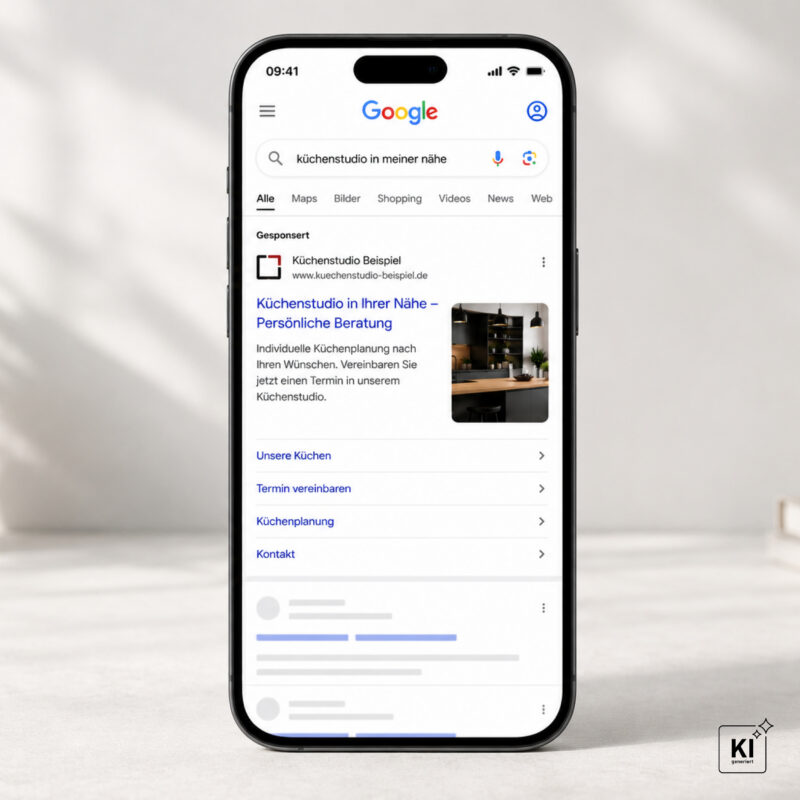 Smartphone mit einer Google-Suchergebnisseite. Zu sehen ist eine Google-Suchanzeige für ein Küchenstudio mit Bild, Beschreibung und Schnelllinks zu Leistungen wie Küchenplanung und Terminvereinbarung.