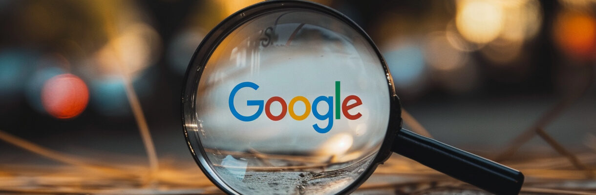 Lupe mit Google-Logo als Symbol für die Google-Suche und Suchmaschinenoptimierung (SEO).
