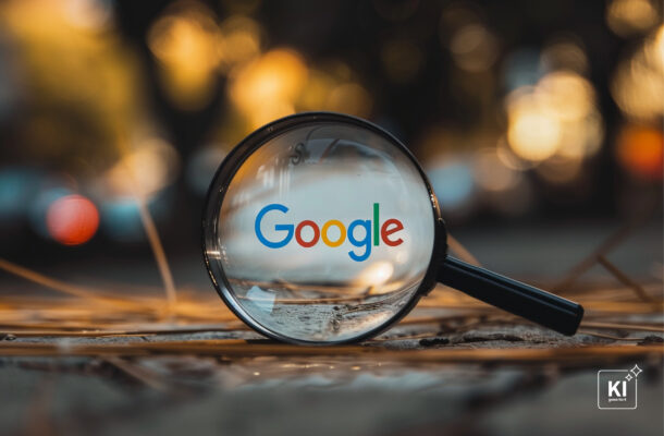 Lupe mit Google-Logo als Symbol für die Google-Suche und Suchmaschinenoptimierung (SEO).