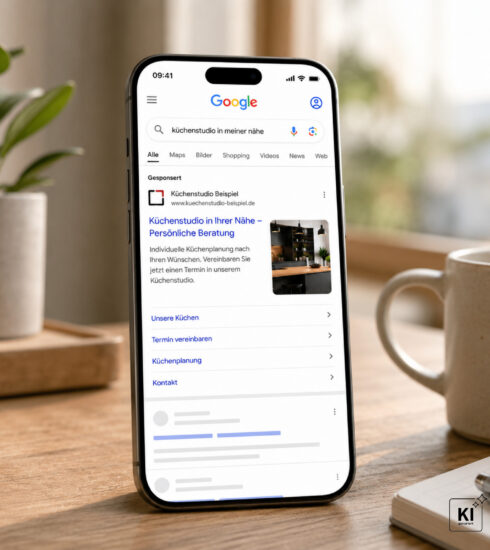 Smartphone mit Google-Suchergebnis für ein Küchenstudio in der Nähe und einer gesponserten Suchanzeige auf einem Schreibtisch.
