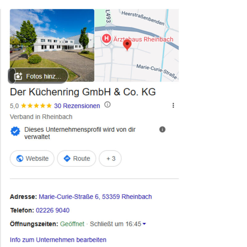 Google-Unternehmensprofil eines Unternehmens mit Bewertungen, Kontaktdaten, Öffnungszeiten und Standort in der Google-Suche.