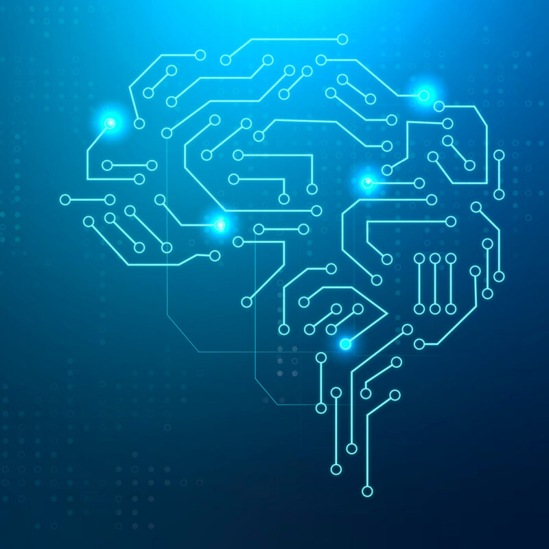 Stilisierte Darstellung eines Gehirns aus leuchtenden Leiterbahnen und Schaltkreisen auf blauem Hintergrund. Die Grafik symbolisiert Künstliche Intelligenz, digitale Vernetzung und automatisierte Datenverarbeitung.