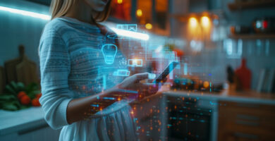 Person mit Smartphone in einer modernen Küche, während transparente digitale Symbole und virtuelle Benutzeroberflächen eingeblendet sind. Das Bild veranschaulicht den Einsatz von Künstlicher Intelligenz und digitalen Technologien im Küchenumfeld.