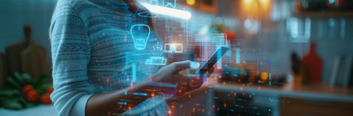 Person mit Smartphone in einer modernen Küche, während transparente digitale Symbole und virtuelle Benutzeroberflächen eingeblendet sind. Das Bild veranschaulicht den Einsatz von Künstlicher Intelligenz und digitalen Technologien im Küchenumfeld.