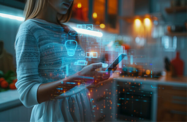 Person mit Smartphone in einer modernen Küche, während transparente digitale Symbole und virtuelle Benutzeroberflächen eingeblendet sind. Das Bild veranschaulicht den Einsatz von Künstlicher Intelligenz und digitalen Technologien im Küchenumfeld.