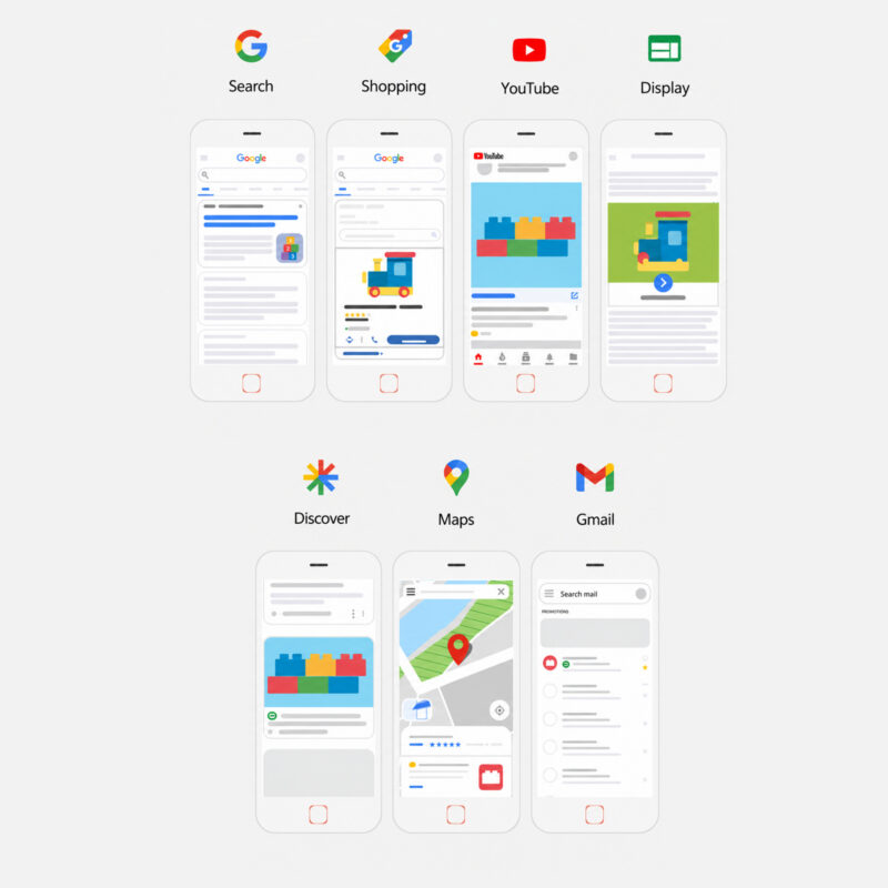 Infografik zu Google Performance Max mit Darstellung der Ausspielung von Anzeigen über Google Suche, Shopping, YouTube, Display, Discover, Maps und Gmail.