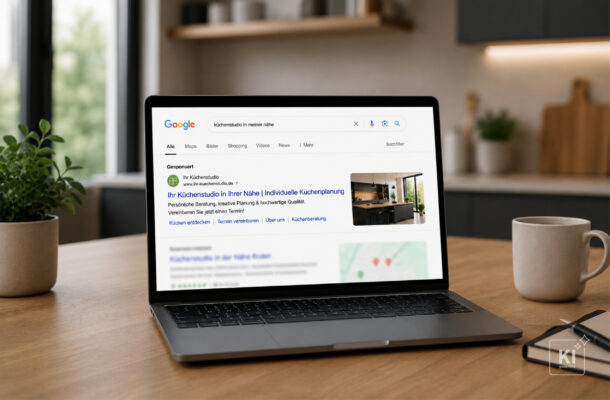 Laptop mit Google-Suchergebnissen und einer Google-Anzeige für ein Küchenstudio auf einem Schreibtisch.
