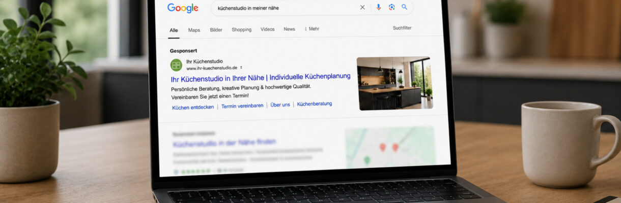 Laptop mit Google-Suchergebnissen und einer Google-Anzeige für ein Küchenstudio auf einem Schreibtisch.