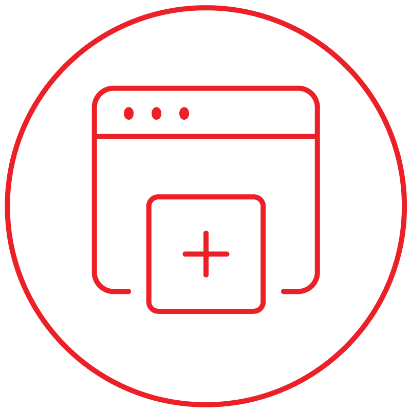 rotes Website-Symbol mit Browserfenster und Pluszeichen als Darstellung einer modernen Internetseite für ein Küchenstudio.
