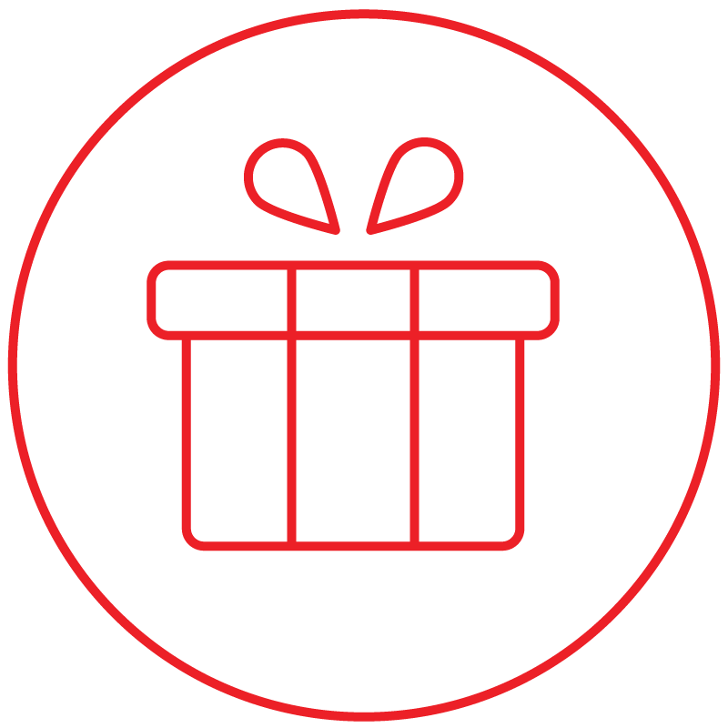 Rotes Geschenksymbol für aufmerksamkeitsstarke Werbemittel, Verkaufsaktionen und Kundenpräsente eines Küchenstudios.