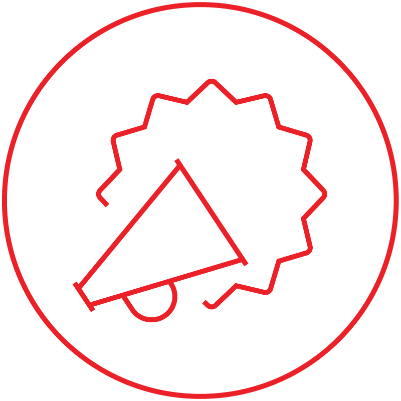 rotes Megafon vor einer gezackten Kontur als Symbol für individuelle Werbekampagnen und lokale Verkaufsaktionen eines Küchenstudios.