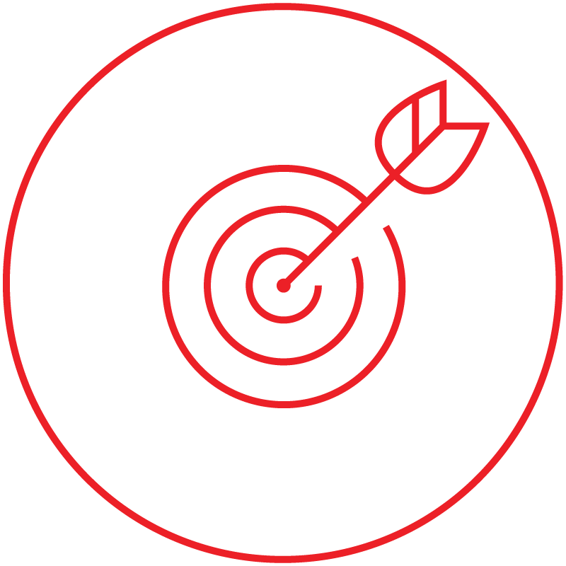 Zielscheibe mit Pfeil in Schwarz und Rot als Symbol für zielgerichtete Markenwerbung von Küchenstudios, Küchenmöbeln und Designküchen.