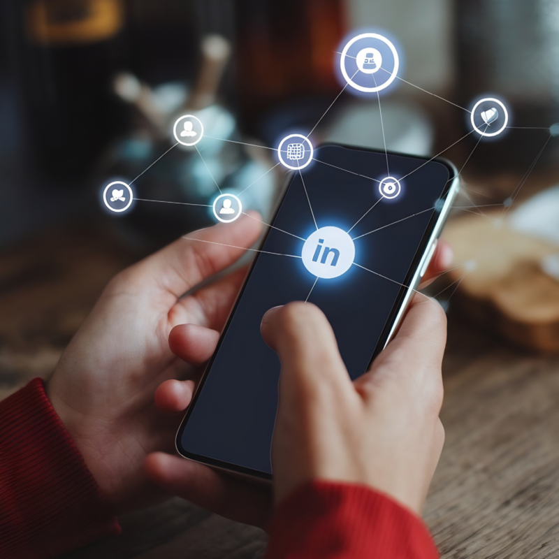 LinkedIn-Vernetzung im Küchenfachhandel: Person nutzt LinkedIn auf dem Smartphone zum Aufbau beruflicher Kontakte.