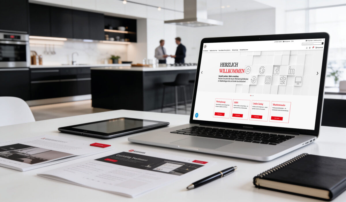 Laptop mit dem Marketingportal von Der Küchenring für Küchenhändler in einem modernen Küchenstudio.