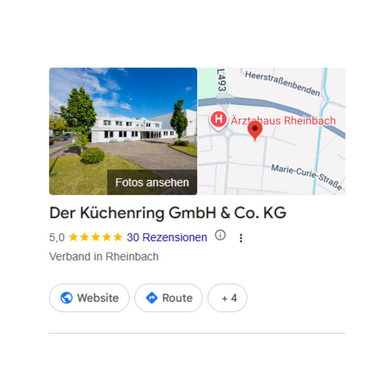 Screenshot des Google-Unternehmensprofils von Der Küchenring GmbH & Co. KG in Rheinbach mit einer 5-Sterne-Bewertung aus 30 Rezensionen sowie einem Gebäude- und Kartenausschnitt.